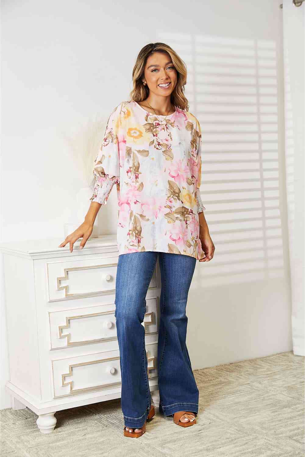 Double Take Floral Round Neck Three - Quarter Sleeve Top - Blouse - Blush Pink - Bella Bourget