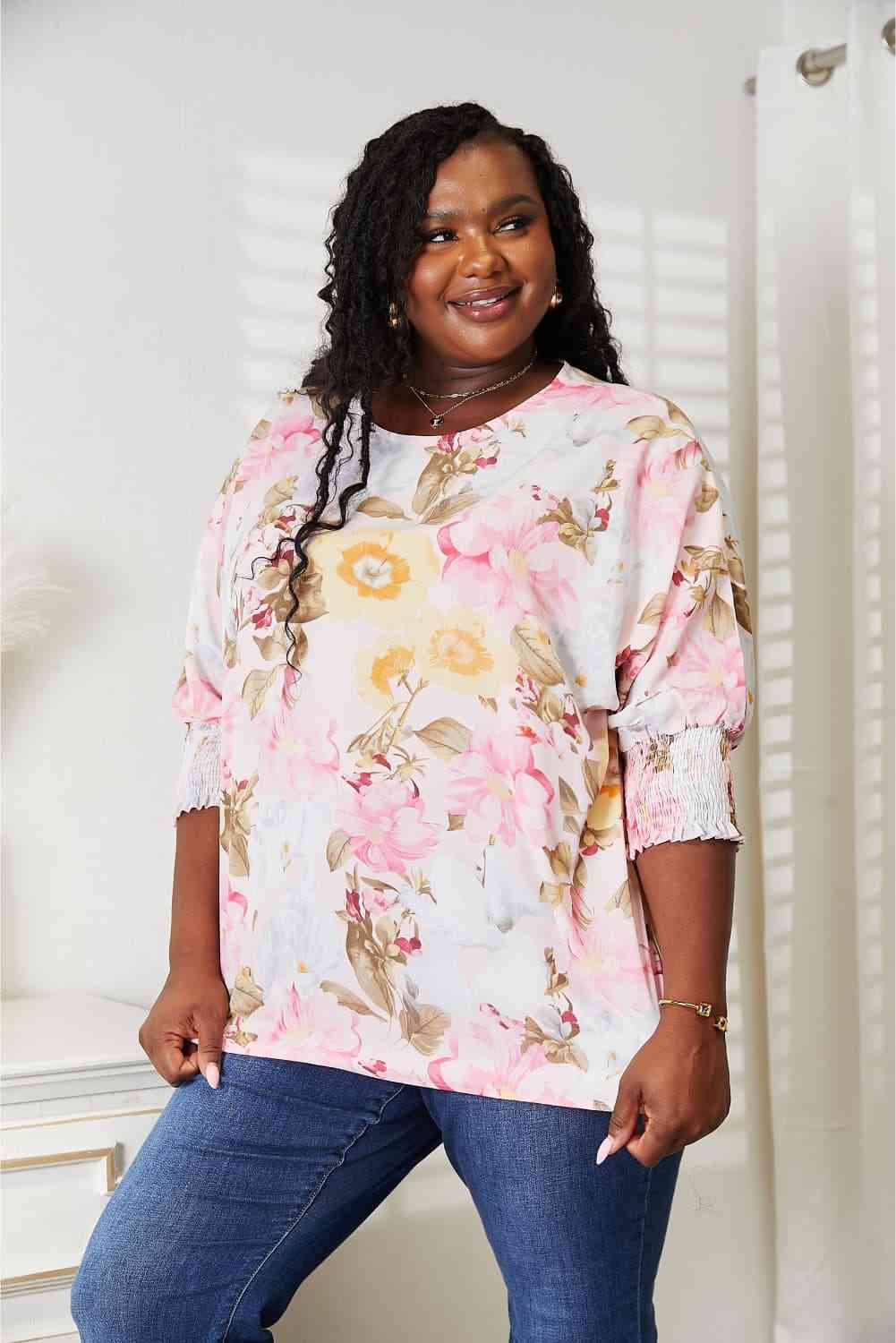 Double Take Floral Round Neck Three - Quarter Sleeve Top - Blouse - Blush Pink - Bella Bourget