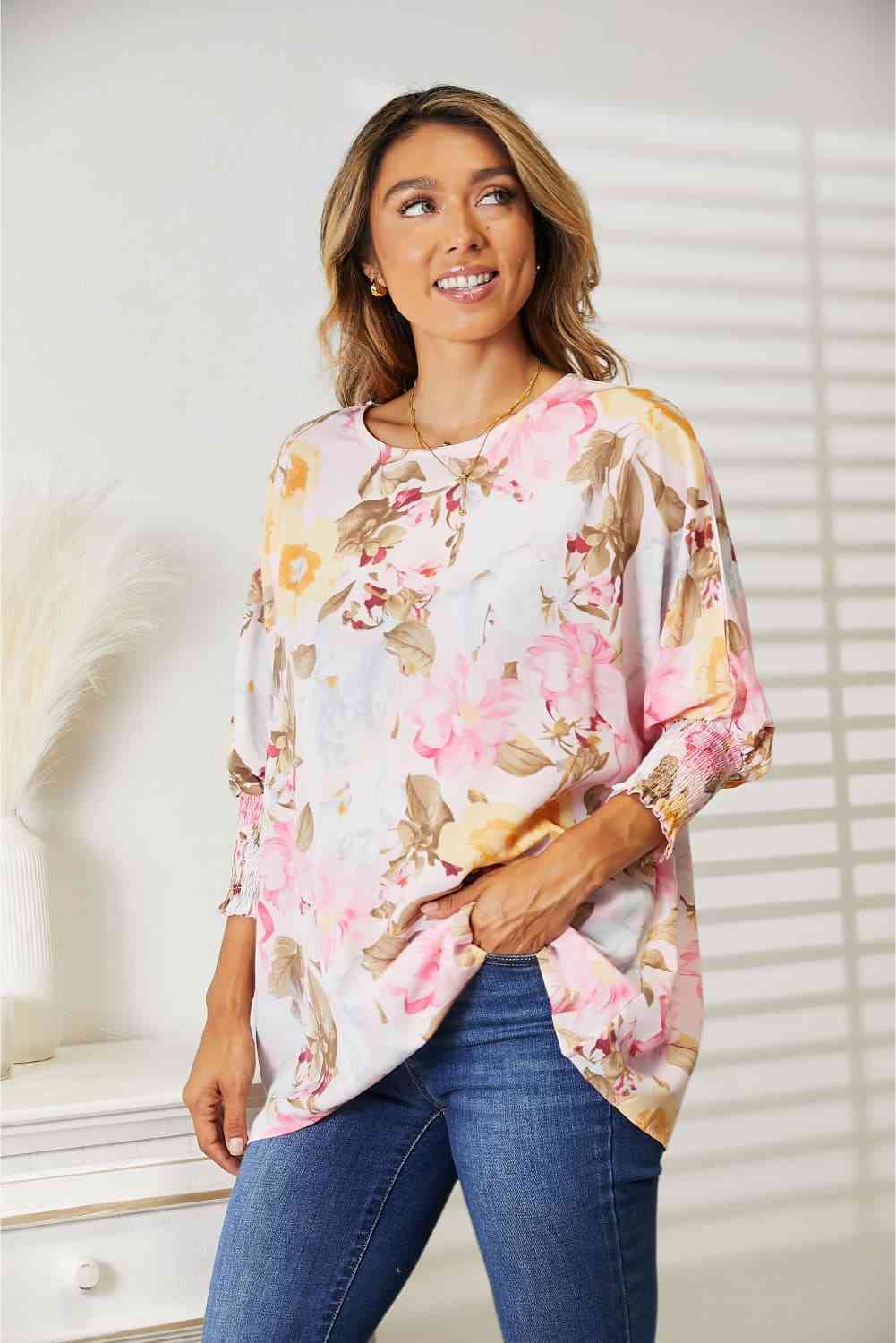 Double Take Floral Round Neck Three - Quarter Sleeve Top - Blouse - Blush Pink - Bella Bourget