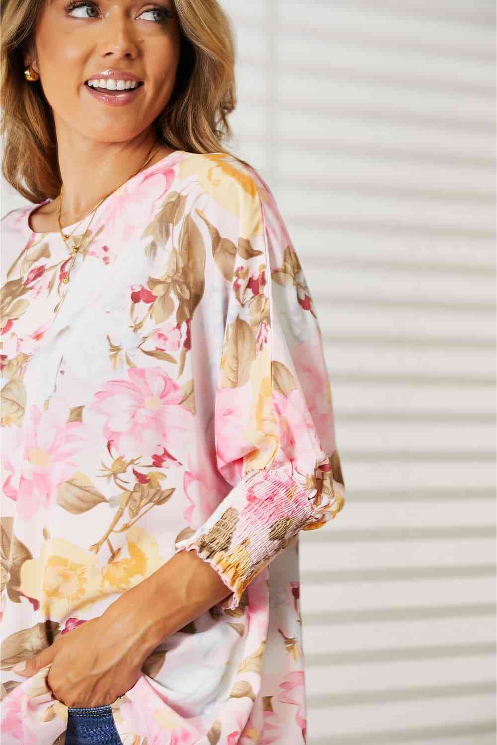 Double Take Floral Round Neck Three - Quarter Sleeve Top - Blouse - Blush Pink - Bella Bourget