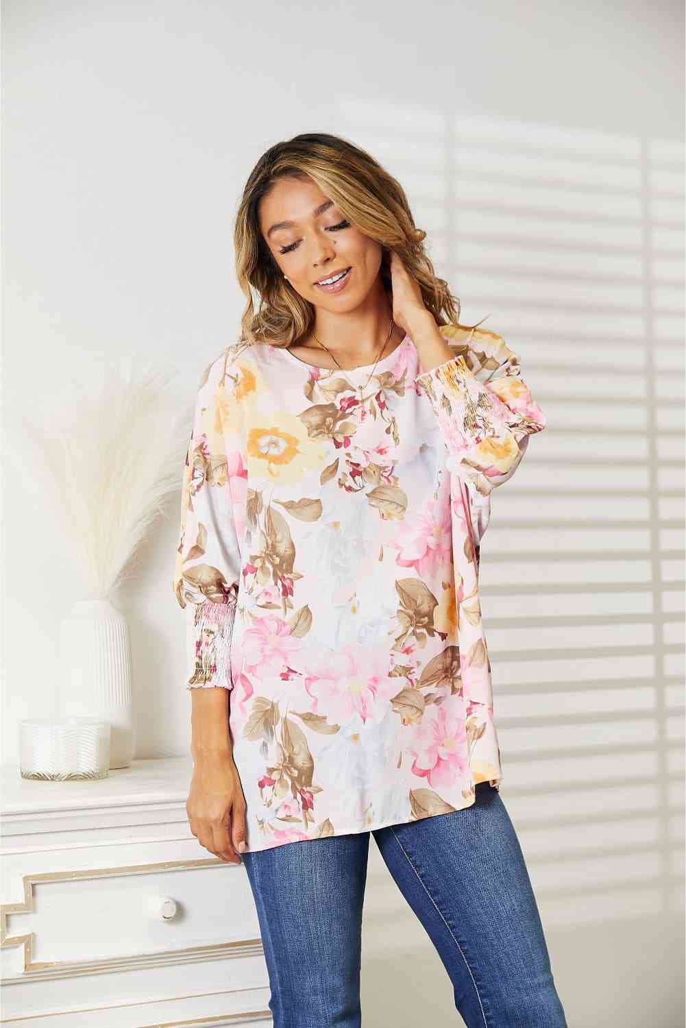 Double Take Floral Round Neck Three - Quarter Sleeve Top - Blouse - Blush Pink - Bella Bourget