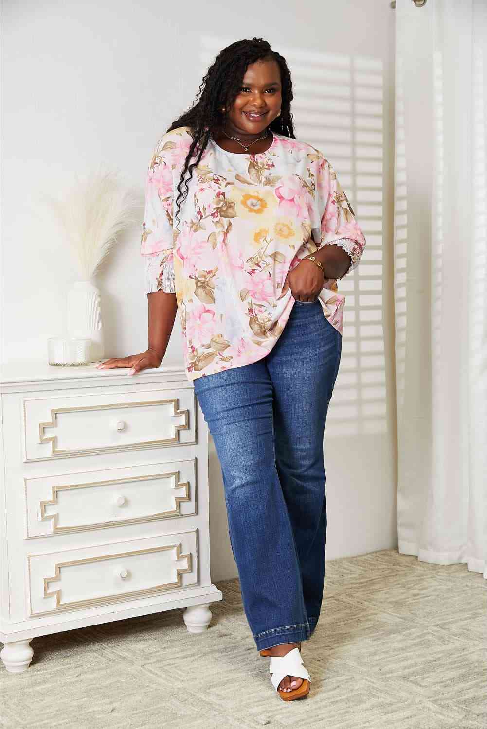 Double Take Floral Round Neck Three - Quarter Sleeve Top - Blouse - Blush Pink - Bella Bourget