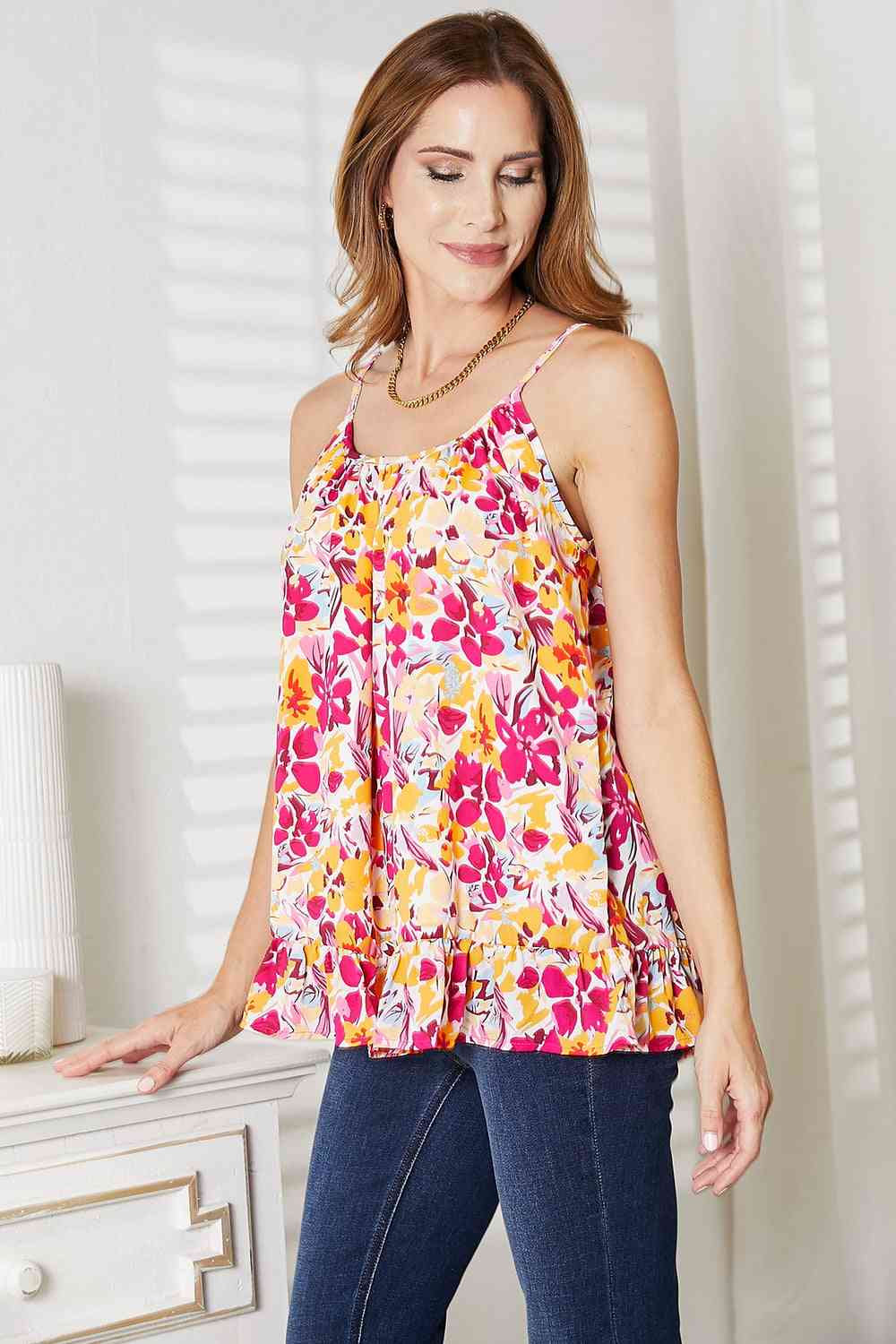 Double Take Floral Scoop Neck Ruffle Hem Cami - Cami - Floral - Bella Bourget