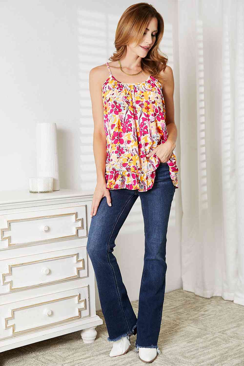 Double Take Floral Scoop Neck Ruffle Hem Cami - Cami - Floral - Bella Bourget