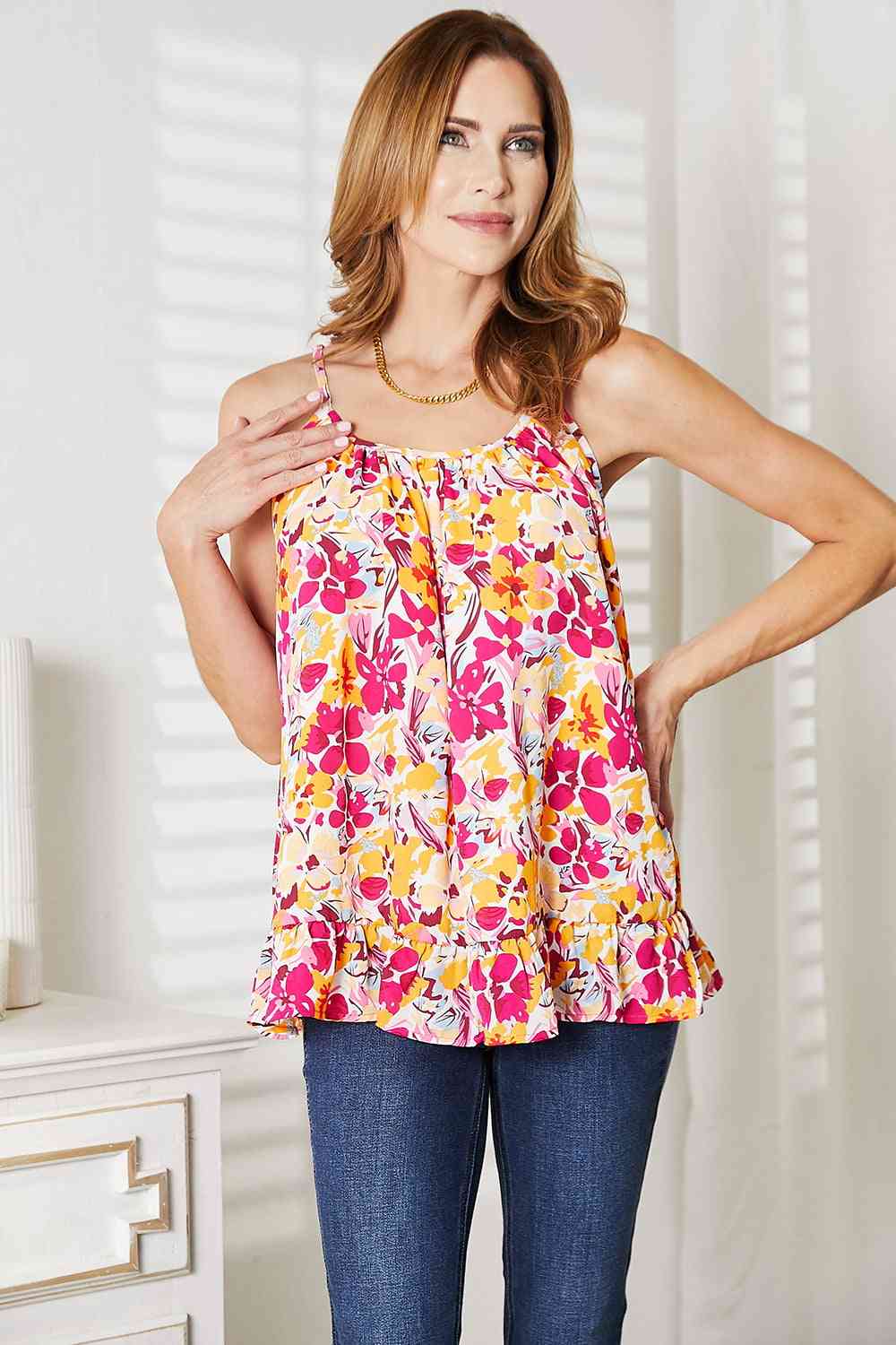 Double Take Floral Scoop Neck Ruffle Hem Cami - Cami - Floral - Bella Bourget