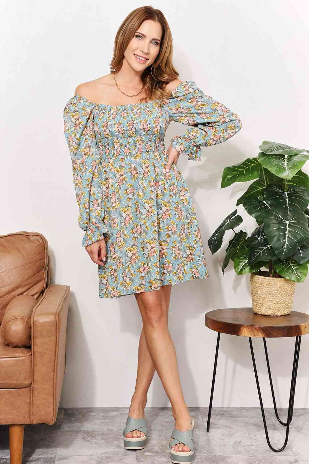 Double Take Floral Smocked Flounce Sleeve Square Neck Dress - Dress - Floral - Bella Bourget