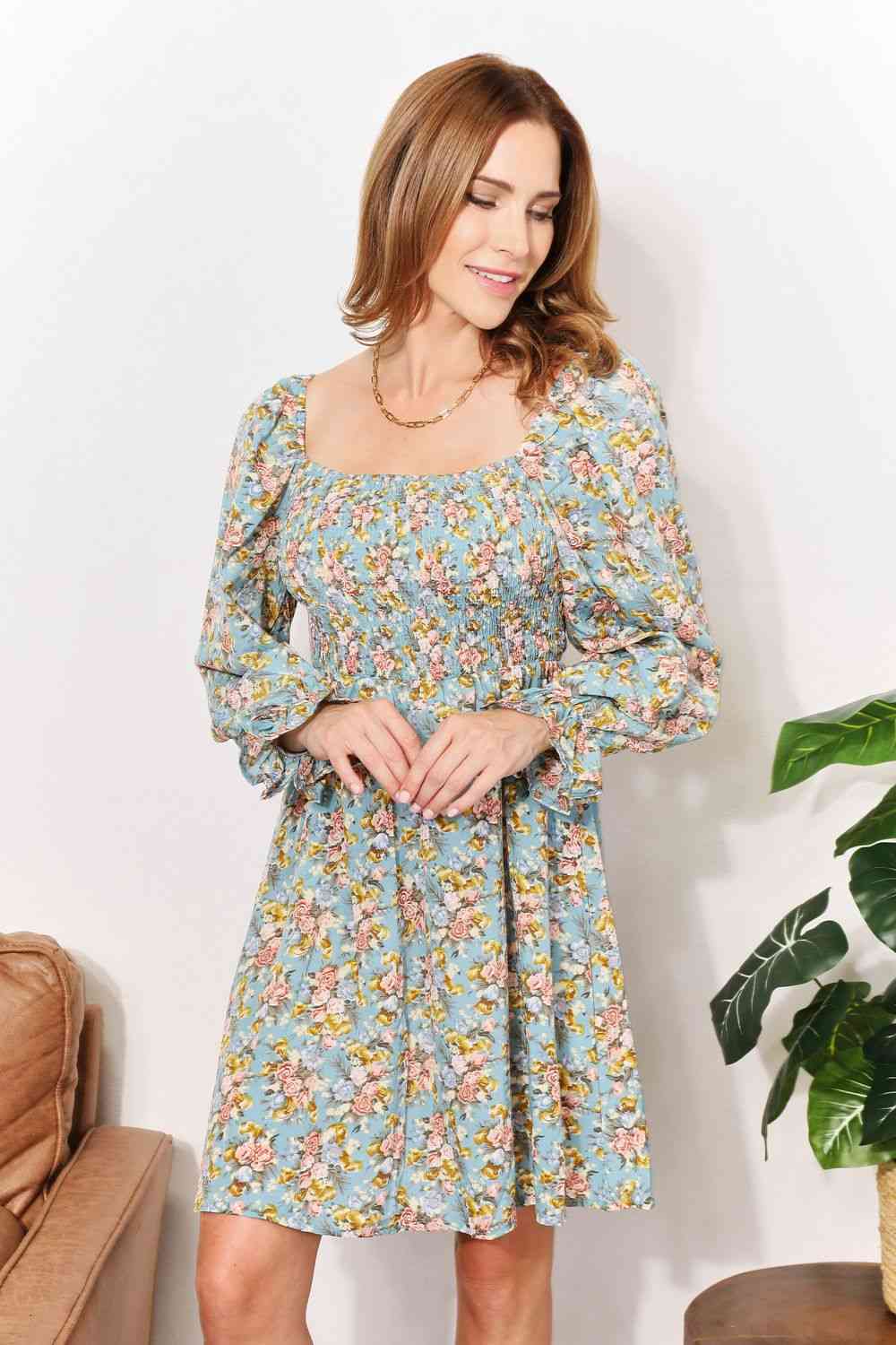 Double Take Floral Smocked Flounce Sleeve Square Neck Dress - Dress - Floral - Bella Bourget