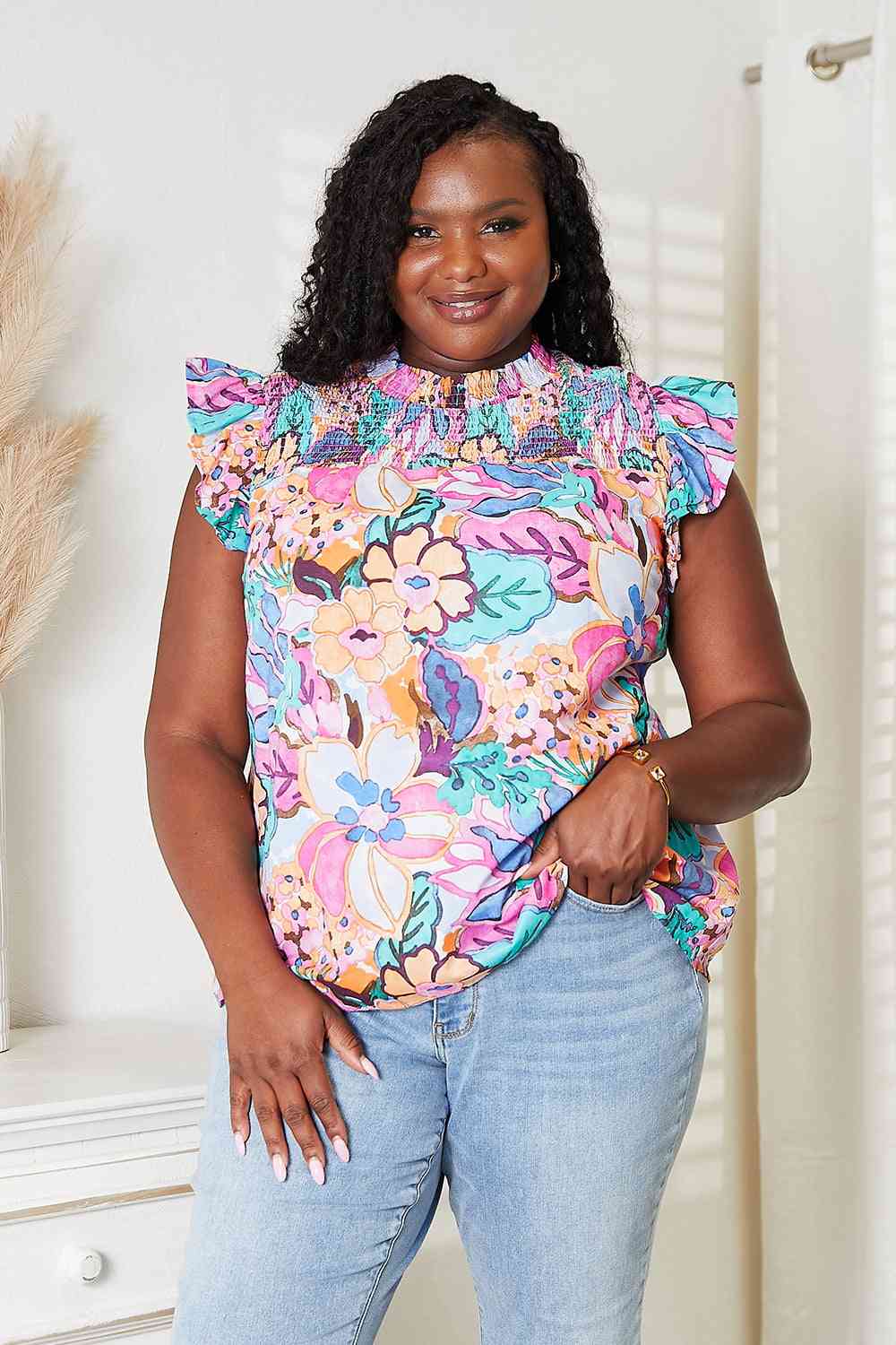 Double Take Floral Smocked Flutter Sleeve Top - Blouse - Floral - Bella Bourget