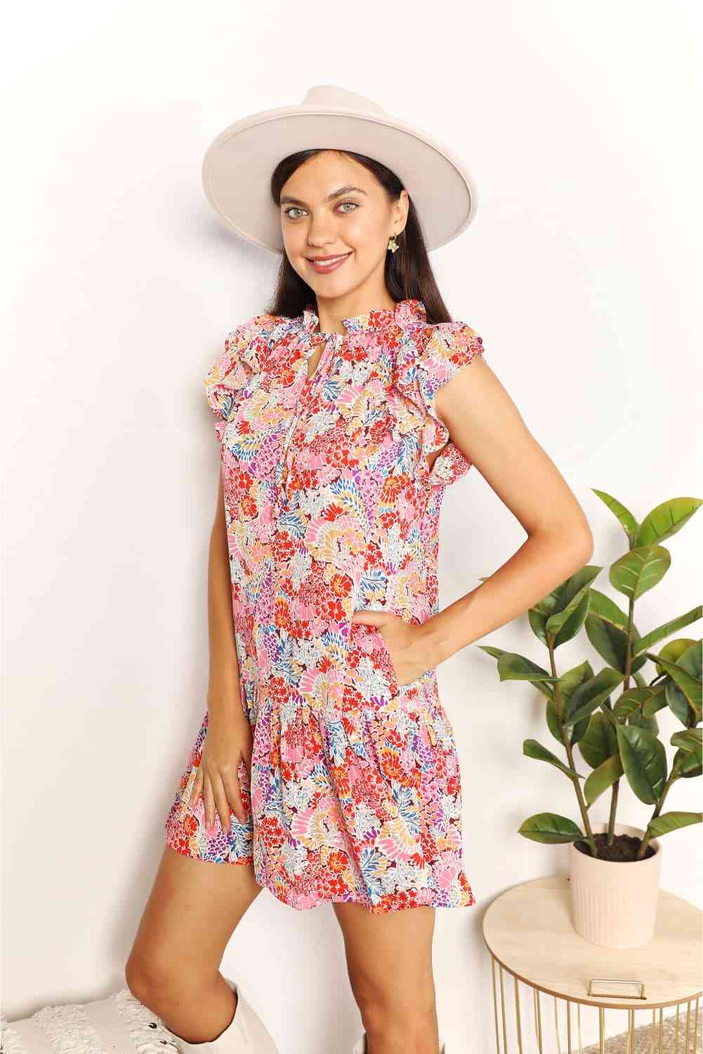 Double Take Floral Tie Neck Cap Sleeve Dress - Dress - Floral - Bella Bourget