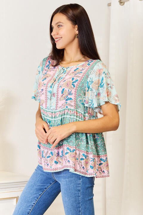 Double Take Floral Tie Neck Short Sleeve Blouse - Blouse - Multicolor - Bella Bourget