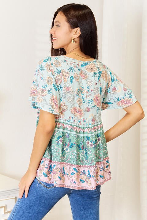 Double Take Floral Tie Neck Short Sleeve Blouse - Blouse - Multicolor - Bella Bourget