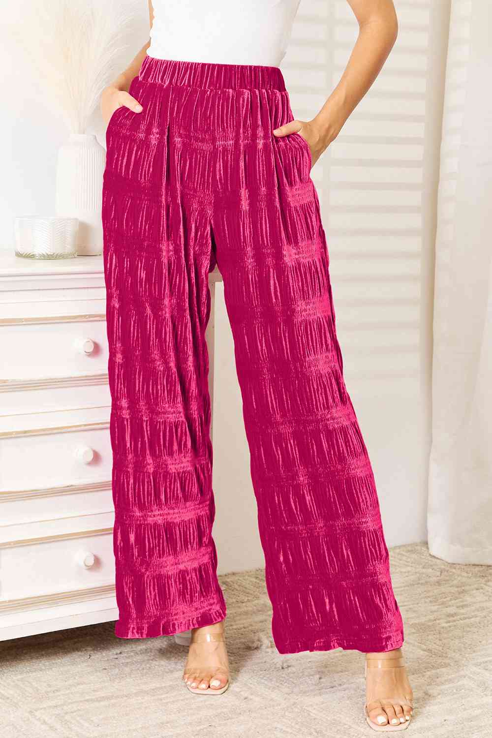 Double Take Full Size High Waist Tiered Shirring Wide Leg Pants - Pants - Deep Rose - Bella Bourget