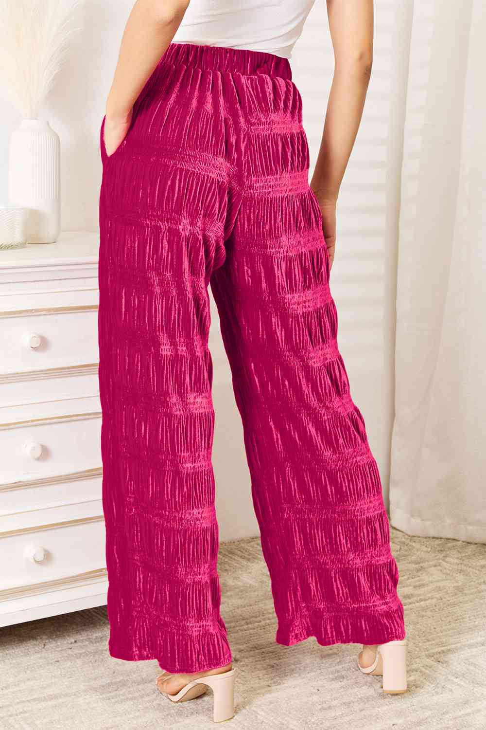 Double Take Full Size High Waist Tiered Shirring Wide Leg Pants - Pants - Deep Rose - Bella Bourget