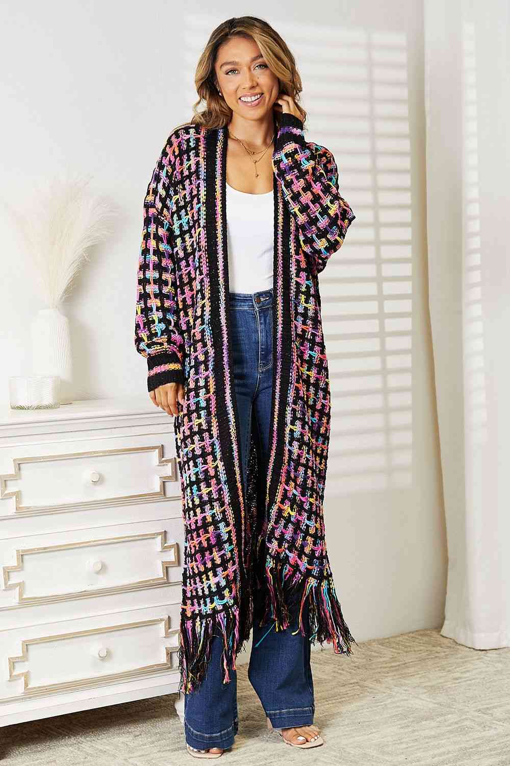 Double Take Full Size Multicolored Open Front Fringe Hem Cardigan - Full Size Knit Tops & Sweaters - Multicolor - Bella Bourget