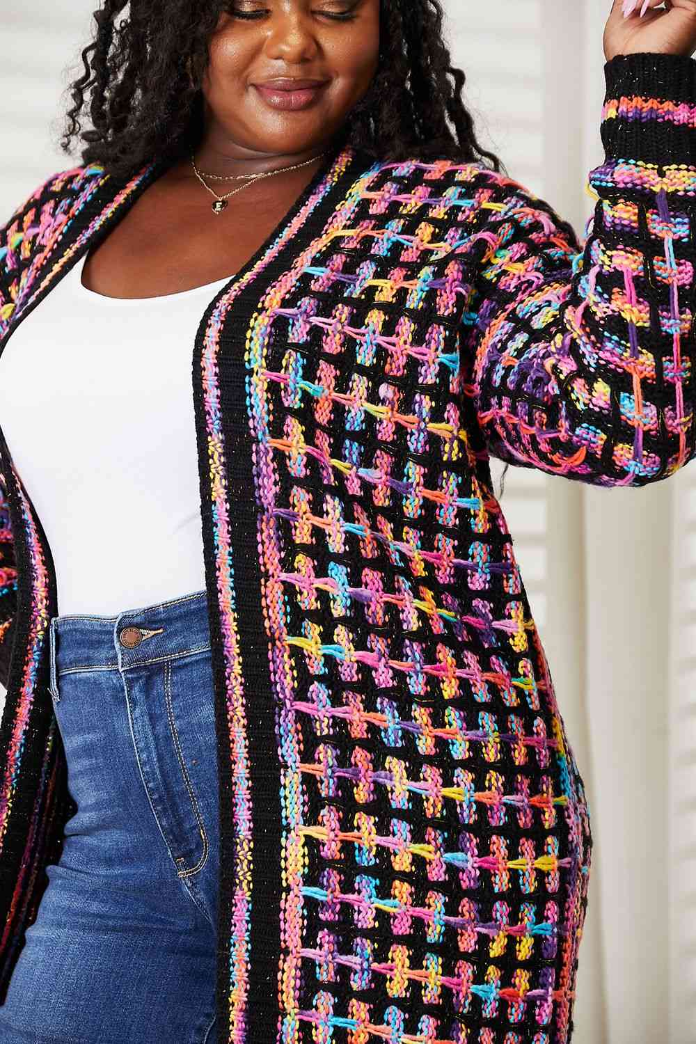 Double Take Full Size Multicolored Open Front Fringe Hem Cardigan - Full Size Knit Tops & Sweaters - Multicolor - Bella Bourget