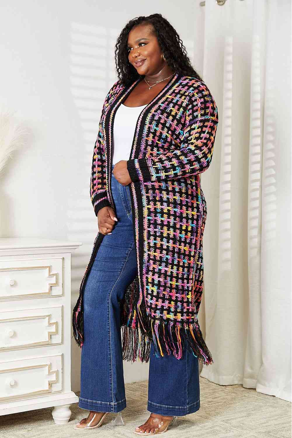 Double Take Full Size Multicolored Open Front Fringe Hem Cardigan - Full Size Knit Tops & Sweaters - Multicolor - Bella Bourget