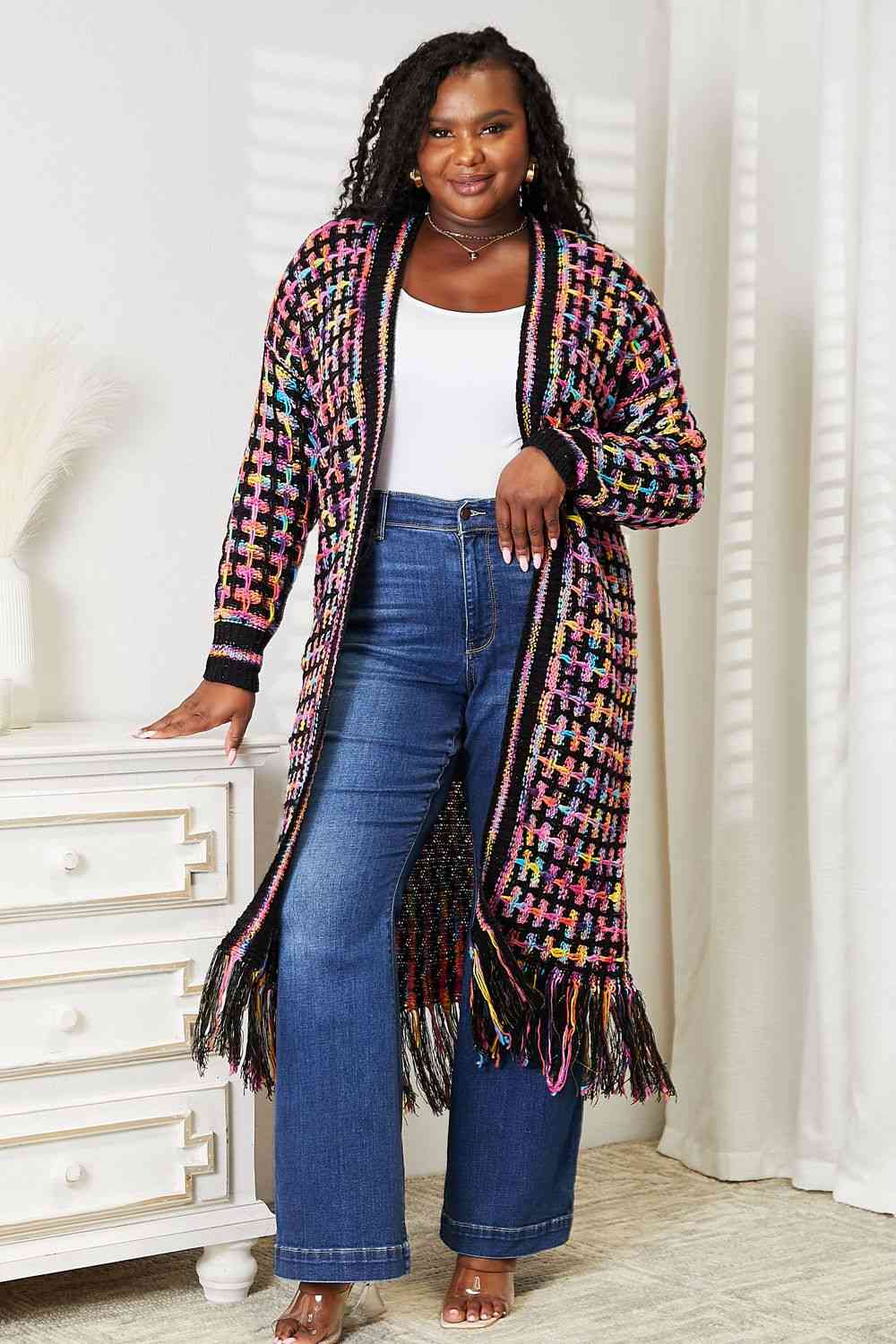 Double Take Full Size Multicolored Open Front Fringe Hem Cardigan - Full Size Knit Tops & Sweaters - Multicolor - Bella Bourget