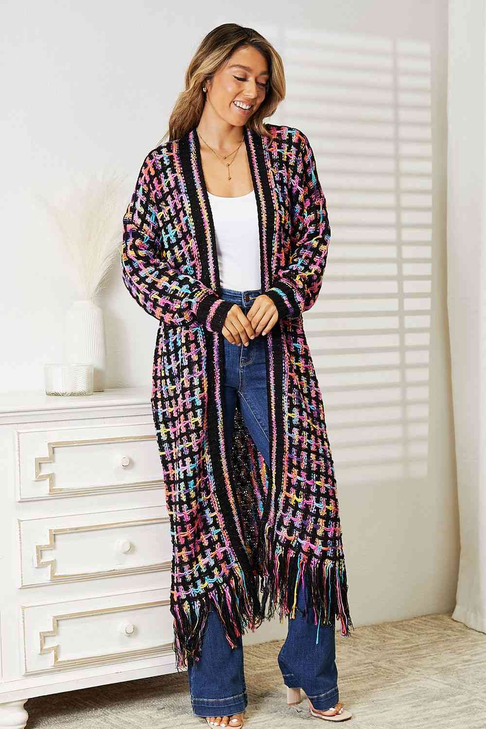 Double Take Full Size Multicolored Open Front Fringe Hem Cardigan - Full Size Knit Tops & Sweaters - Multicolor - Bella Bourget
