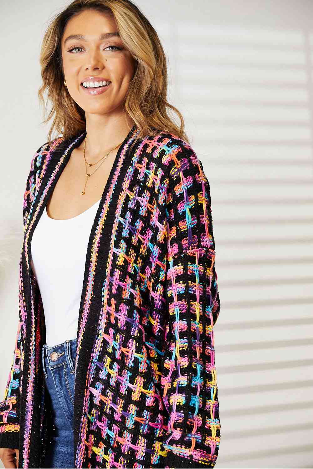 Double Take Full Size Multicolored Open Front Fringe Hem Cardigan - Full Size Knit Tops & Sweaters - Multicolor - Bella Bourget