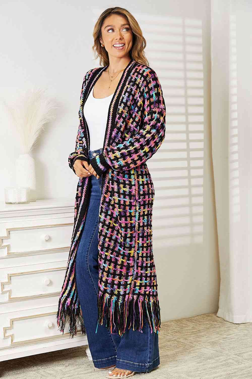 Double Take Full Size Multicolored Open Front Fringe Hem Cardigan - Full Size Knit Tops & Sweaters - Multicolor - Bella Bourget
