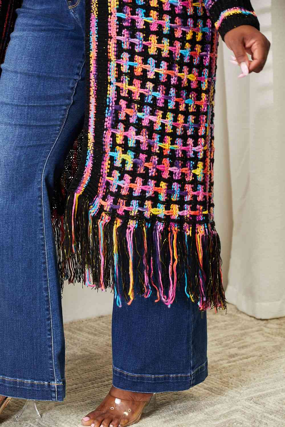 Double Take Full Size Multicolored Open Front Fringe Hem Cardigan - Full Size Knit Tops & Sweaters - Multicolor - Bella Bourget