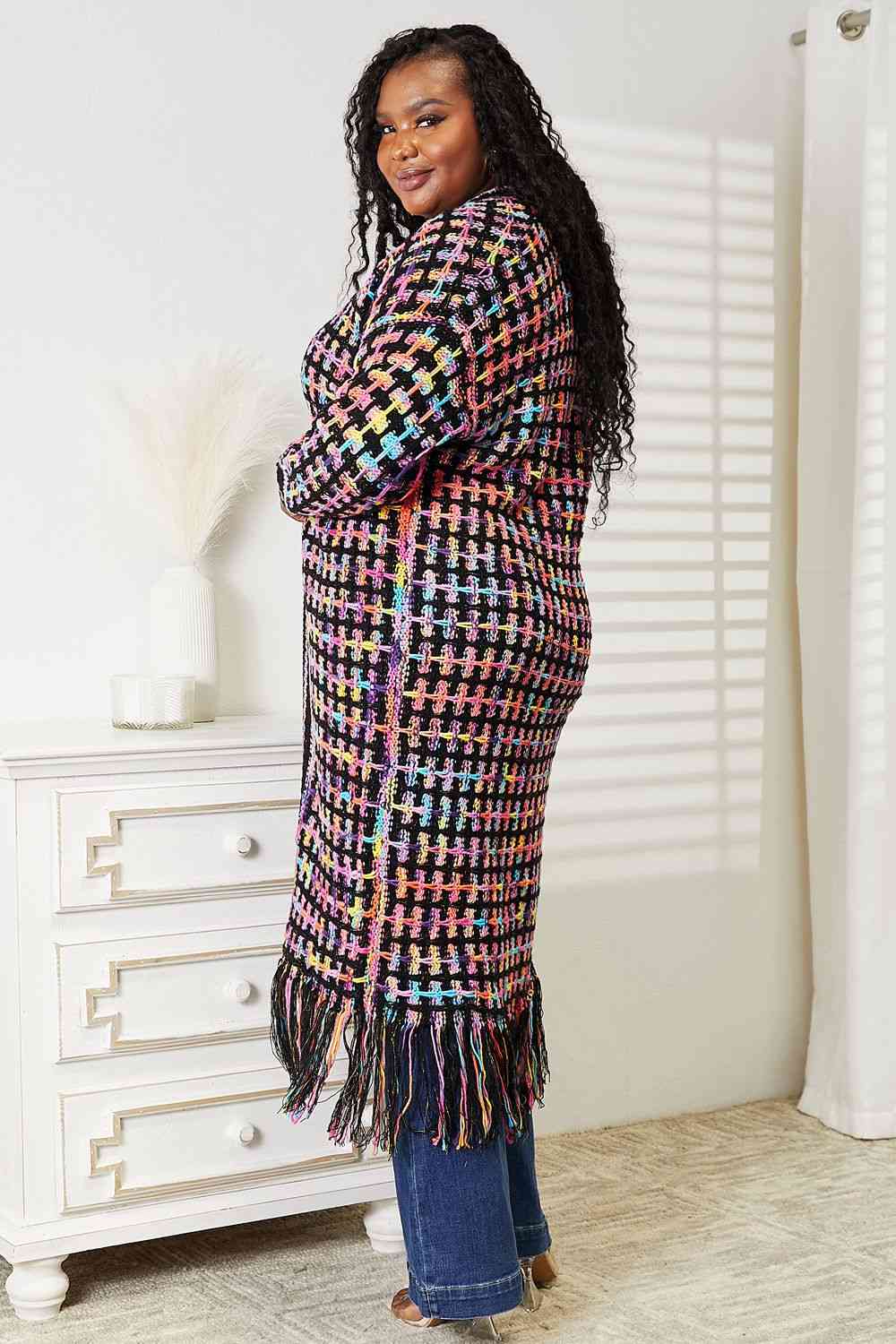 Double Take Full Size Multicolored Open Front Fringe Hem Cardigan - Full Size Knit Tops & Sweaters - Multicolor - Bella Bourget