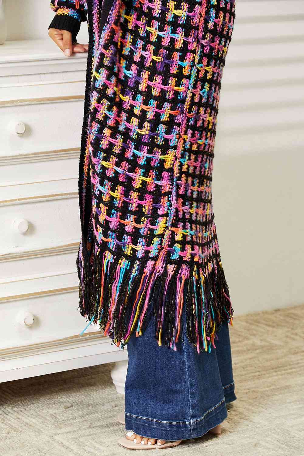 Double Take Full Size Multicolored Open Front Fringe Hem Cardigan - Full Size Knit Tops & Sweaters - Multicolor - Bella Bourget