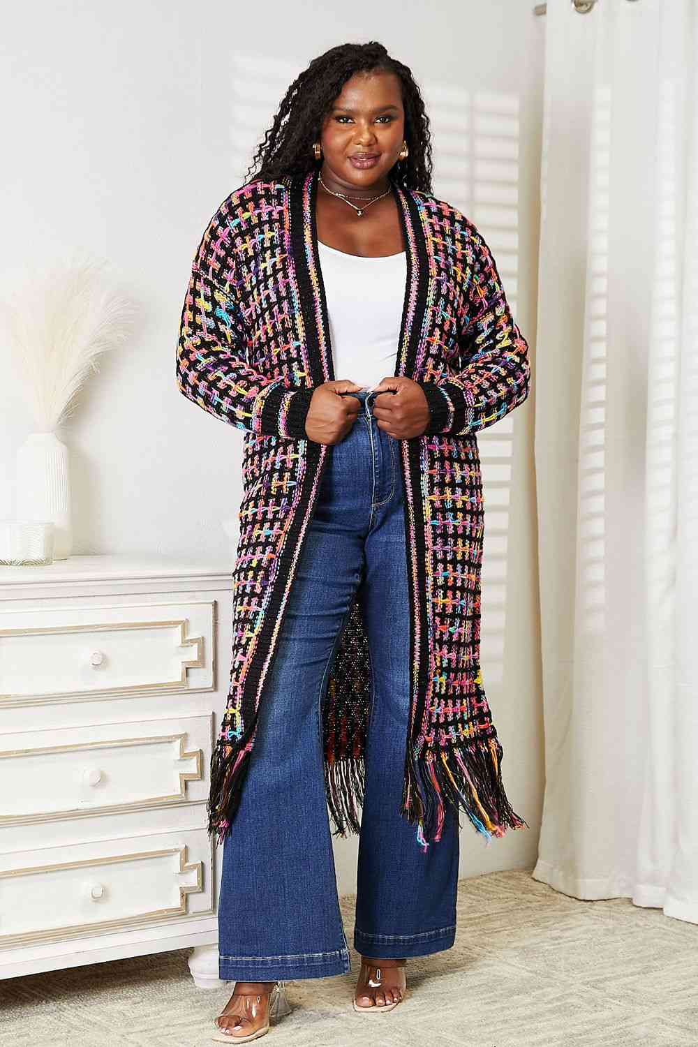 Double Take Full Size Multicolored Open Front Fringe Hem Cardigan - Full Size Knit Tops & Sweaters - Multicolor - Bella Bourget
