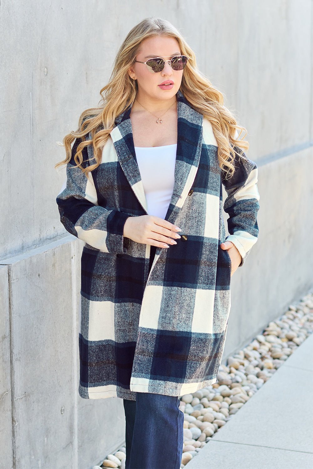 Double Take Full Size Plaid Button Up Lapel Collar Coat - Jacket - Bella Bourget