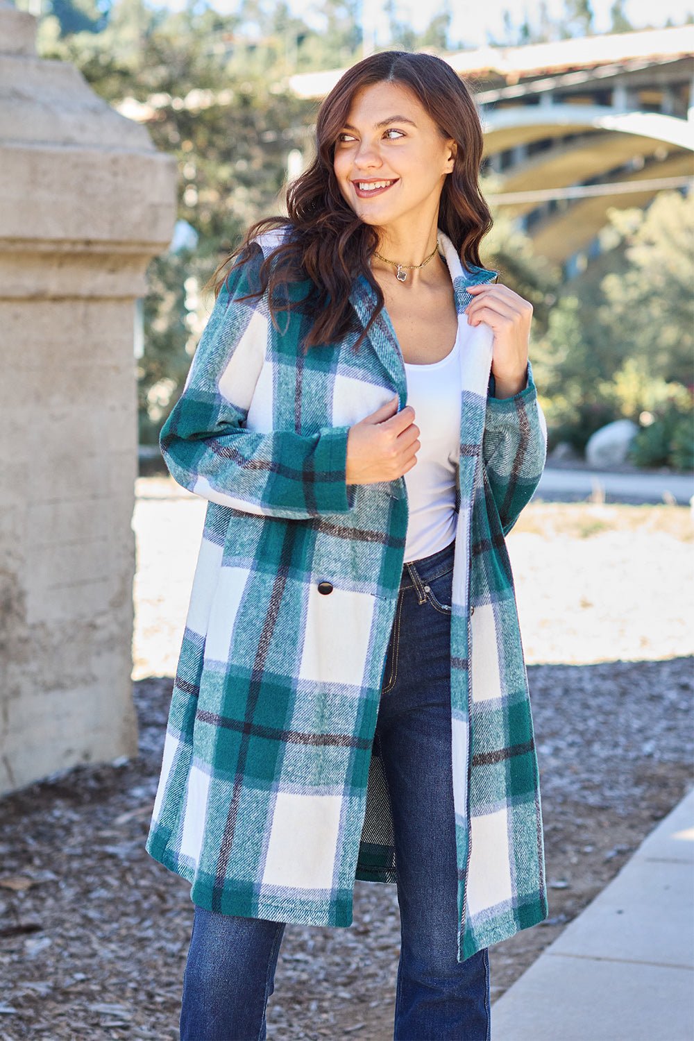 Double Take Full Size Plaid Button Up Lapel Collar Coat - Jacket - Bella Bourget