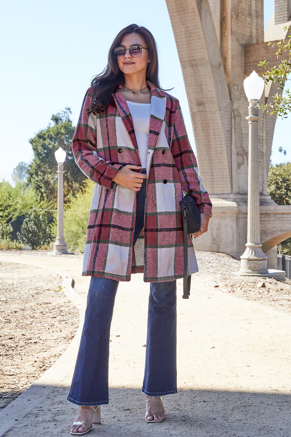 Double Take Full Size Plaid Button Up Lapel Collar Coat - Jacket - Bella Bourget