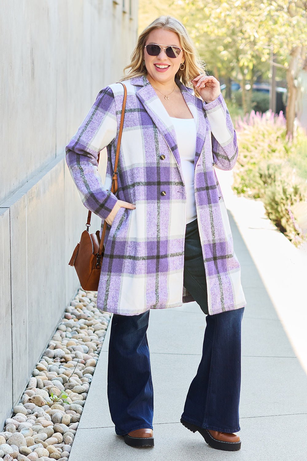 Double Take Full Size Plaid Button Up Lapel Collar Coat - Jacket - Bella Bourget