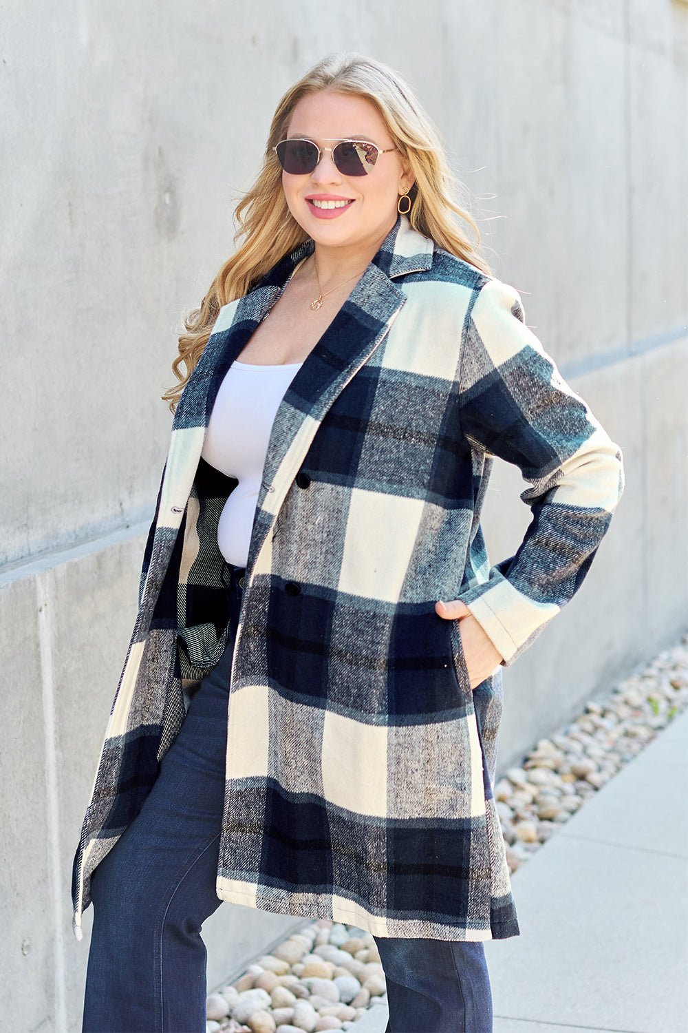 Double Take Full Size Plaid Button Up Lapel Collar Coat - Jacket - Bella Bourget