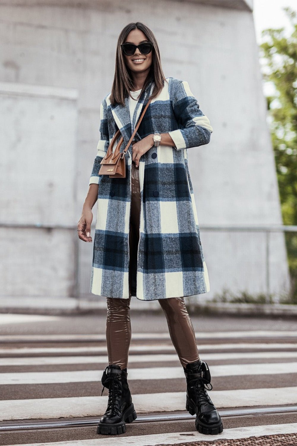 Double Take Full Size Plaid Button Up Lapel Collar Coat - Jacket - Bella Bourget