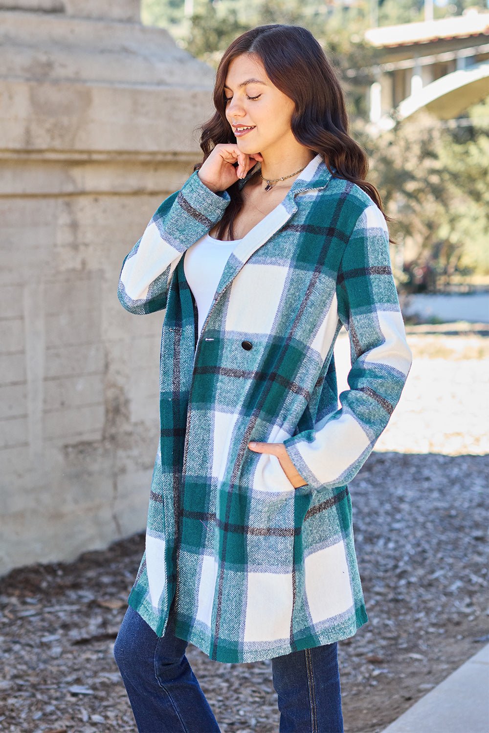 Double Take Full Size Plaid Button Up Lapel Collar Coat - Jacket - Bella Bourget