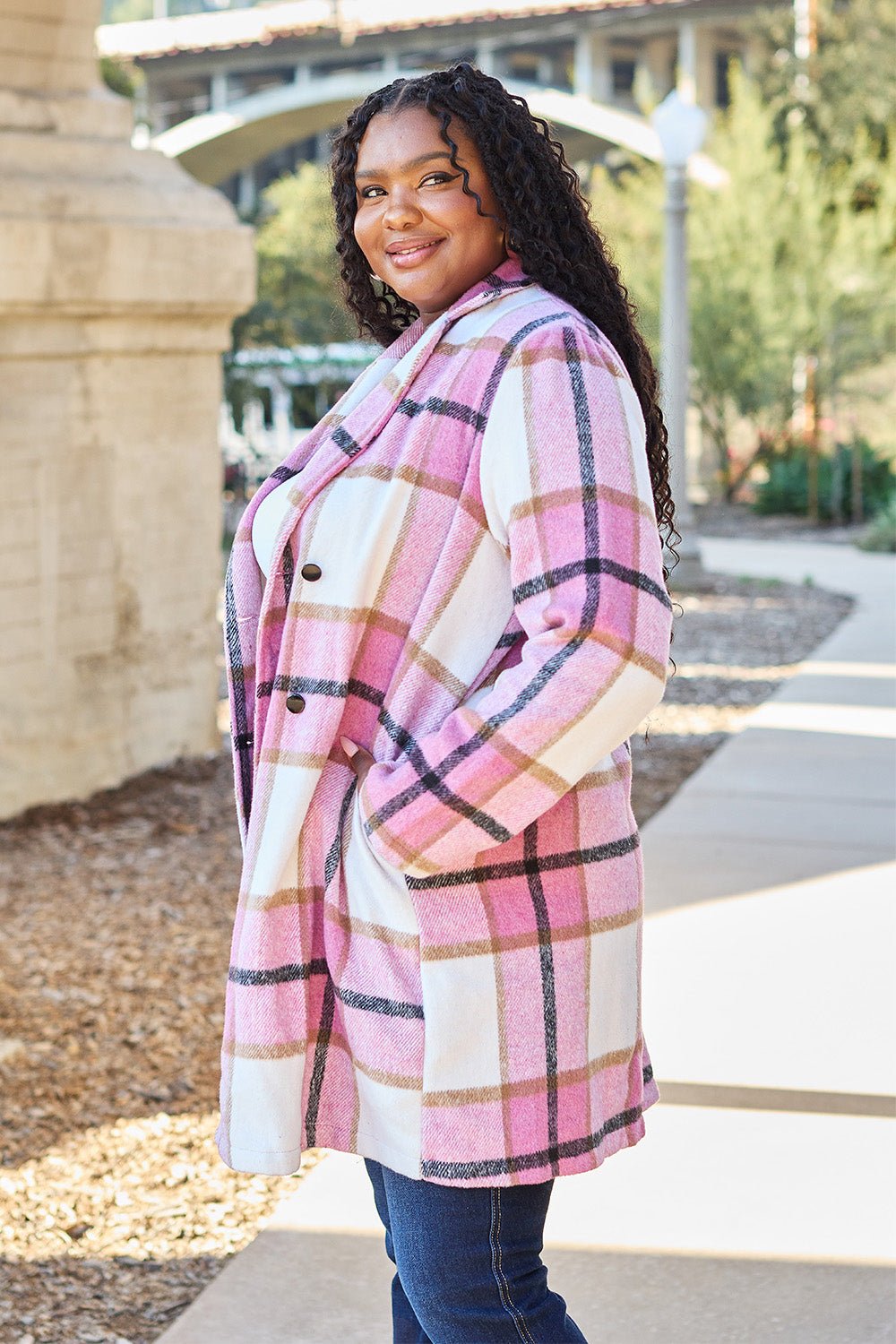 Double Take Full Size Plaid Button Up Lapel Collar Coat - Jacket - Bella Bourget