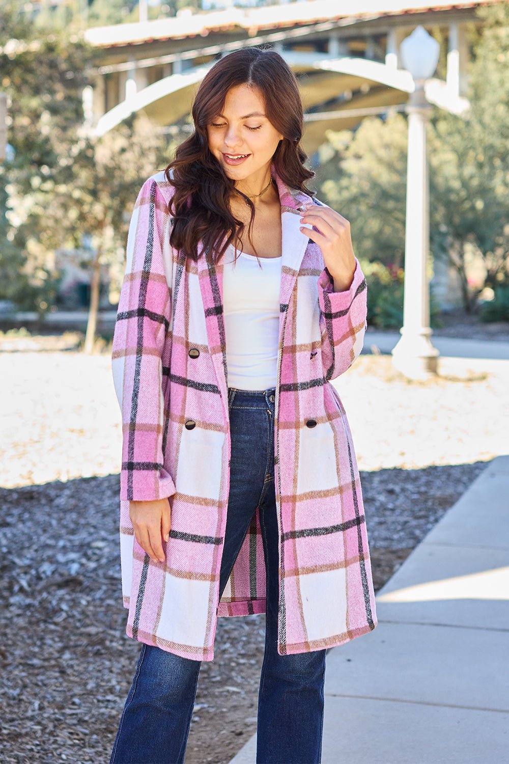 Double Take Full Size Plaid Button Up Lapel Collar Coat - Jacket - Bella Bourget