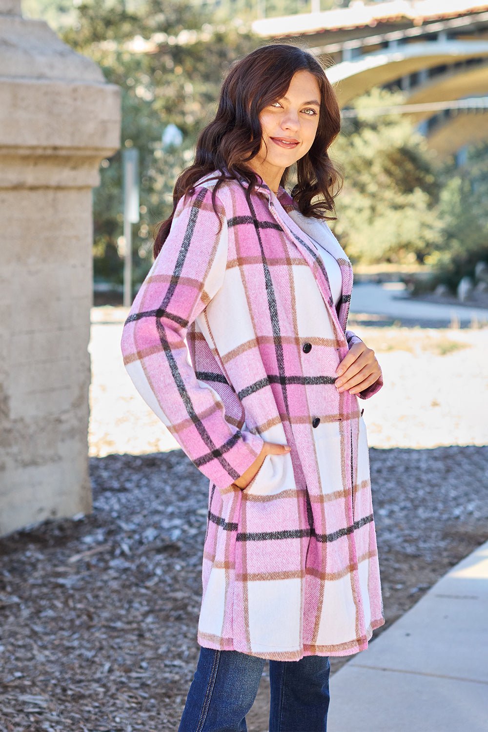 Double Take Full Size Plaid Button Up Lapel Collar Coat - Jacket - Bella Bourget