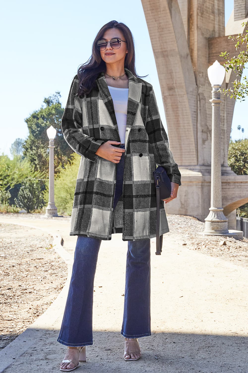 Double Take Full Size Plaid Button Up Lapel Collar Coat - Jacket - Bella Bourget