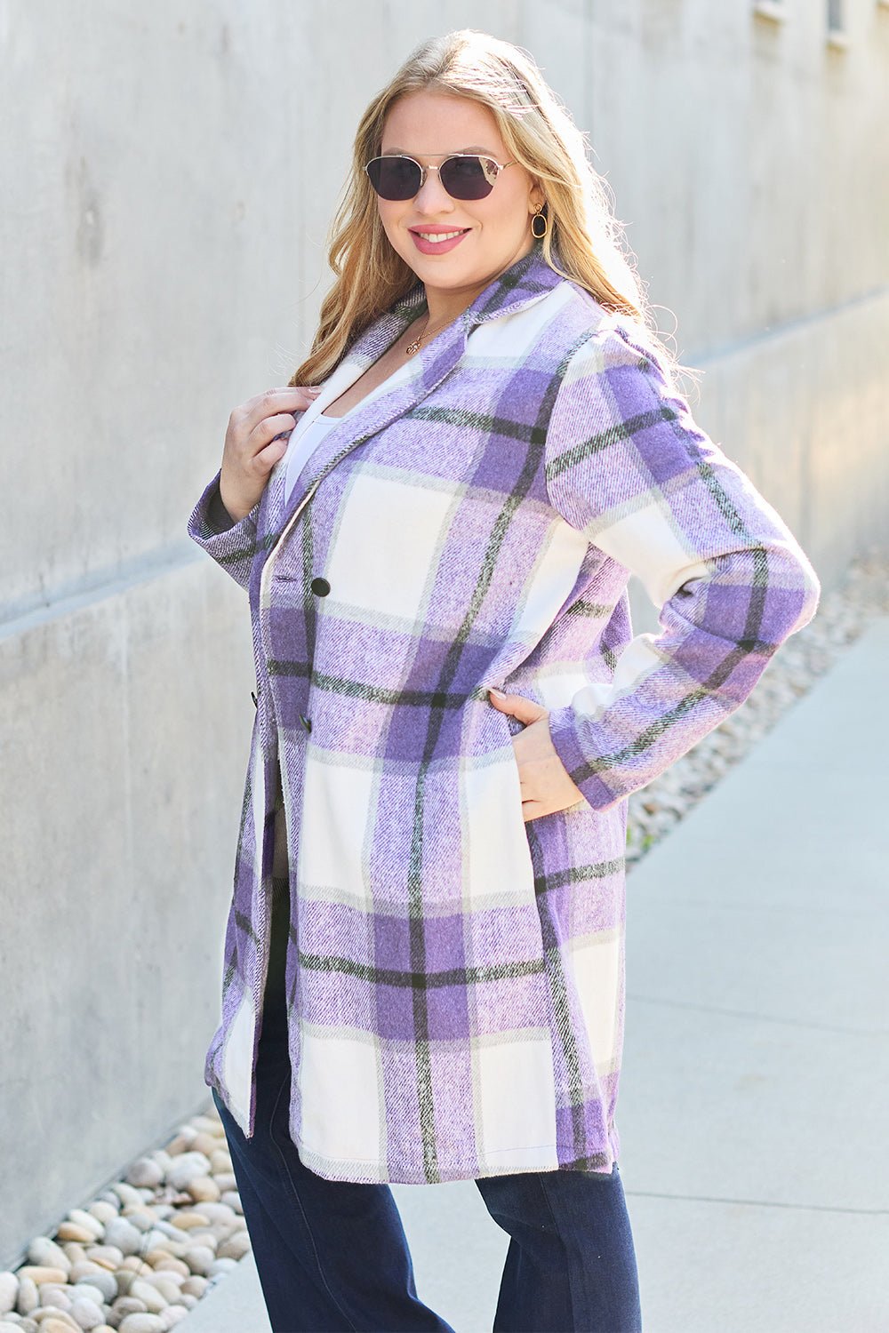 Double Take Full Size Plaid Button Up Lapel Collar Coat - Jacket - Bella Bourget