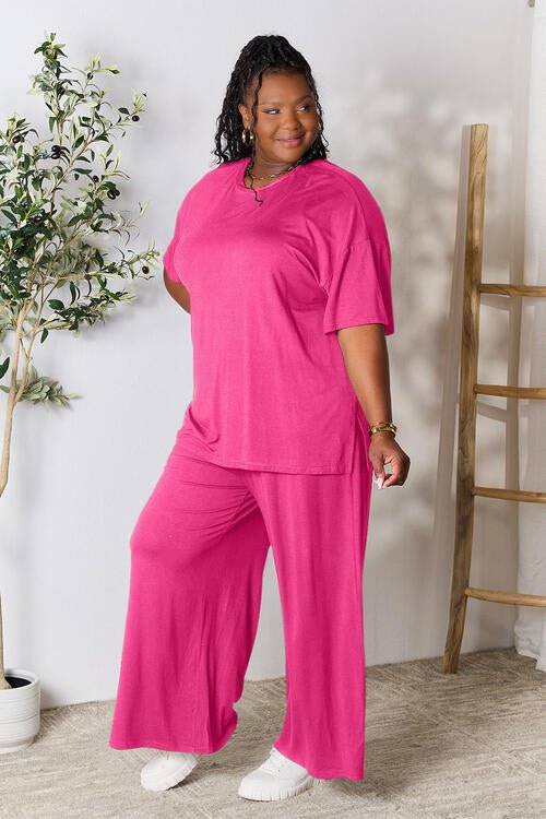 Double Take Full Size Round Neck Slit Top and Pants Set - Loungewear Set - Hot Pink - Bella Bourget