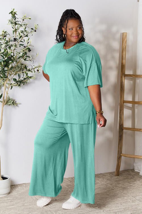 Double Take Full Size Round Neck Slit Top and Pants Set - Loungewear Set - Turquoise - Bella Bourget