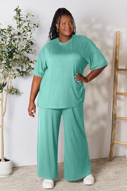 Double Take Full Size Round Neck Slit Top and Pants Set - Loungewear Set - Turquoise - Bella Bourget