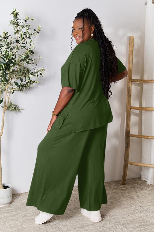 Double Take Full Size Round Neck Slit Top and Pants Set - Loungewear Set - Army Green - Bella Bourget