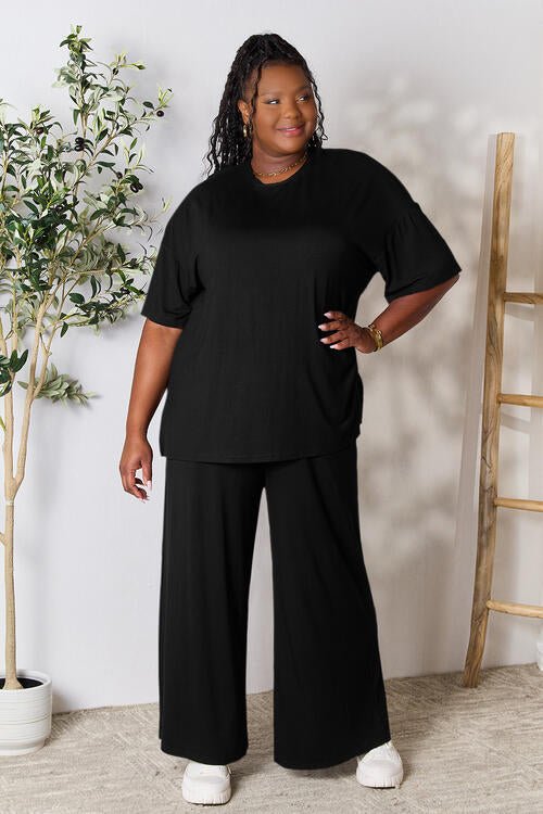 Double Take Full Size Round Neck Slit Top and Pants Set - Loungewear Set - Black - Bella Bourget