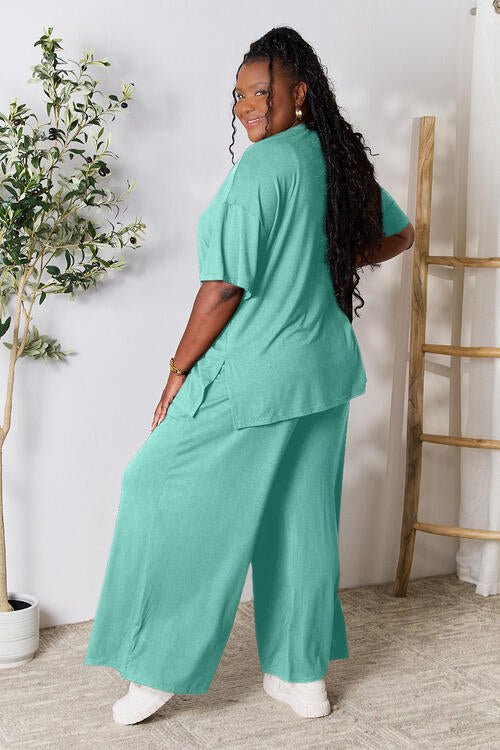 Double Take Full Size Round Neck Slit Top and Pants Set - Loungewear Set - Turquoise - Bella Bourget