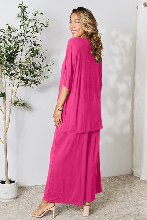 Double Take Full Size Round Neck Slit Top and Pants Set - Loungewear Set - Hot Pink - Bella Bourget