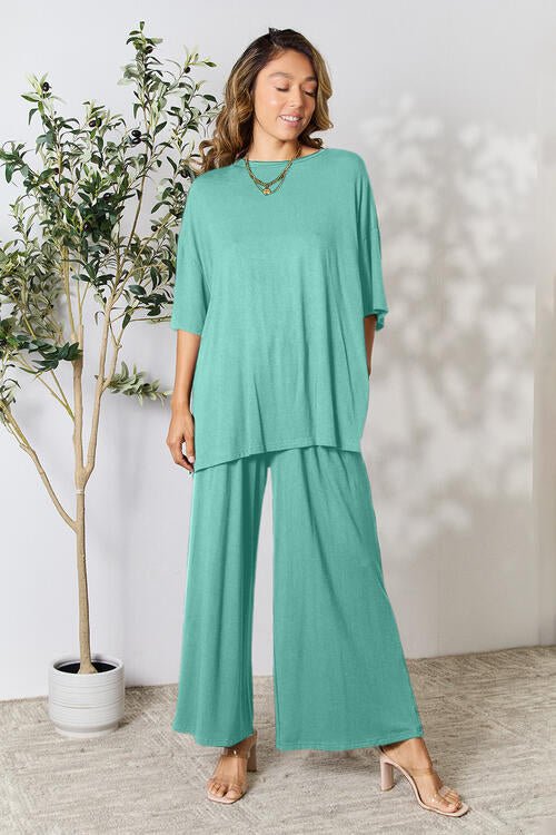 Double Take Full Size Round Neck Slit Top and Pants Set - Loungewear Set - Turquoise - Bella Bourget