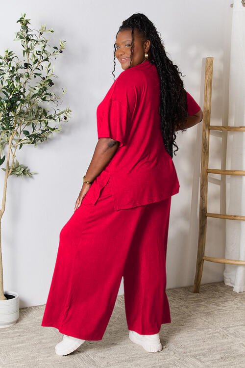 Double Take Full Size Round Neck Slit Top and Pants Set - Loungewear Set - Red - Bella Bourget