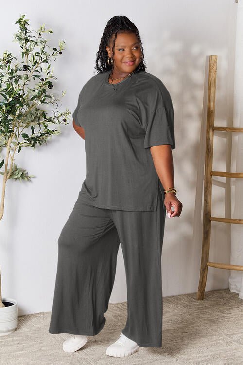 Double Take Full Size Round Neck Slit Top and Pants Set - Loungewear Set - Turquoise - Bella Bourget